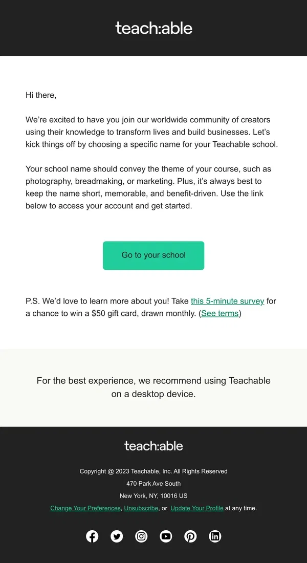 Email from Teachable. Welcome to Teachable!