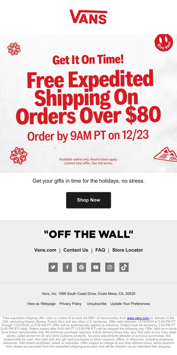 Email from Vans. Last Call for Free Expedited Shipping on Orders Over $80