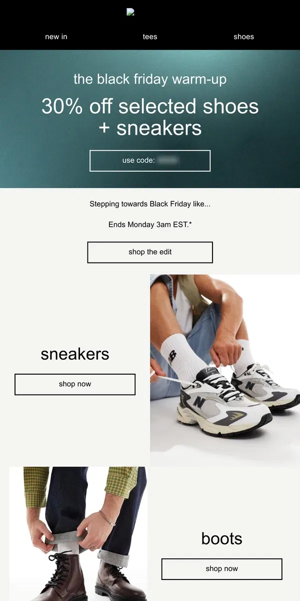 Email from ASOS. 30% off selected shoes + sneakers!