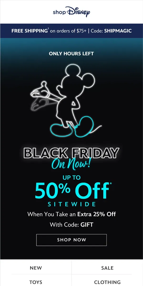 Email from shopDisney. Final hours to save up to 50% sitewide