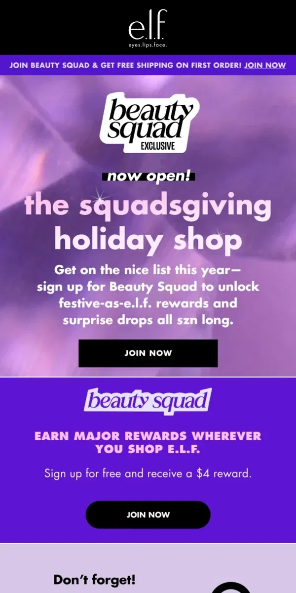 Email from e.l.f.. The Squadsgiving Holiday Shop is OPEN 🎁✨