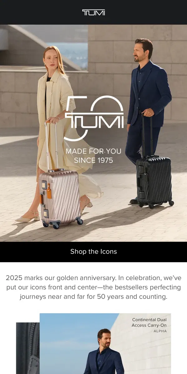 Email from Tumi. You're Invited: Celebrate Our 50th With Us