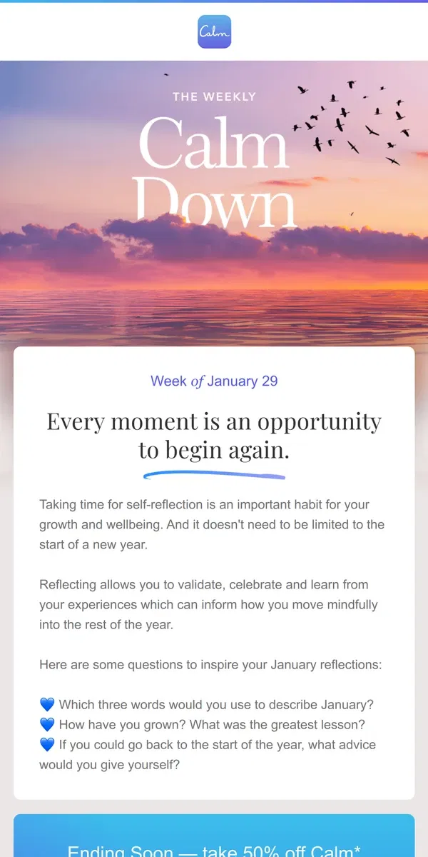 Email from Calm. 50% Off a Year of Calm