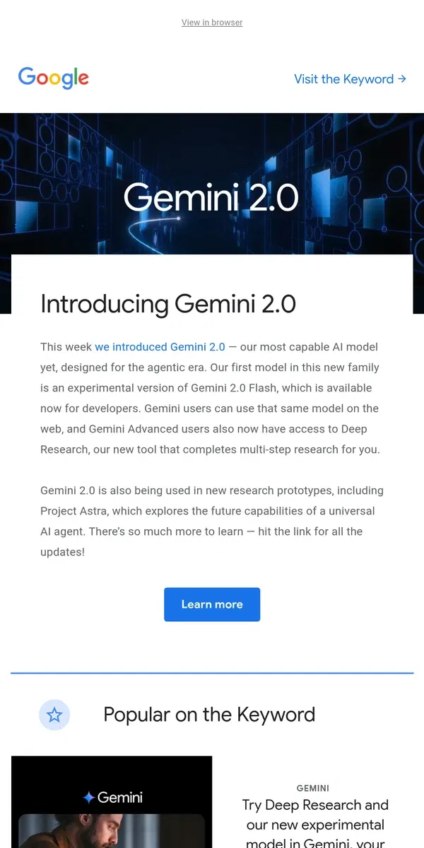 Email from Google. Gemini 2.0: Our most capable AI model yet