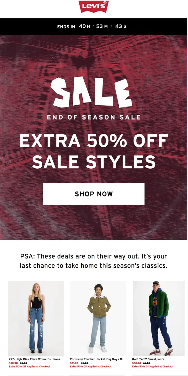 Email from Levi's. Sale on sale ends tomorrow