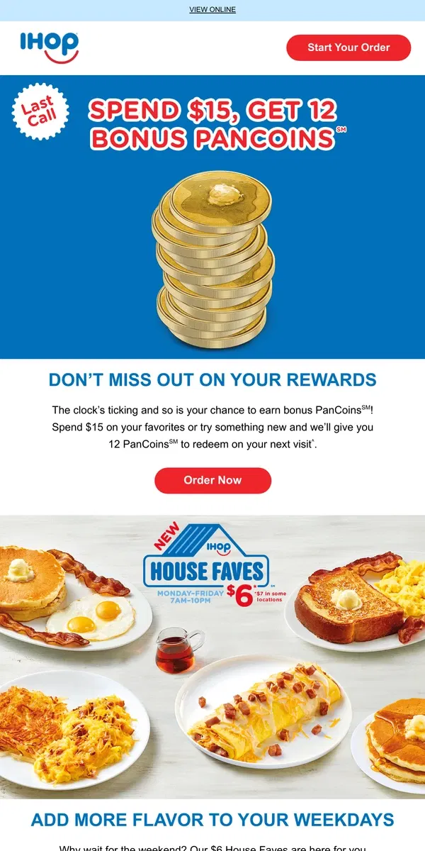 Email from IHOP. [Name], You Have 12 PanCoins℠ Waiting ⏳