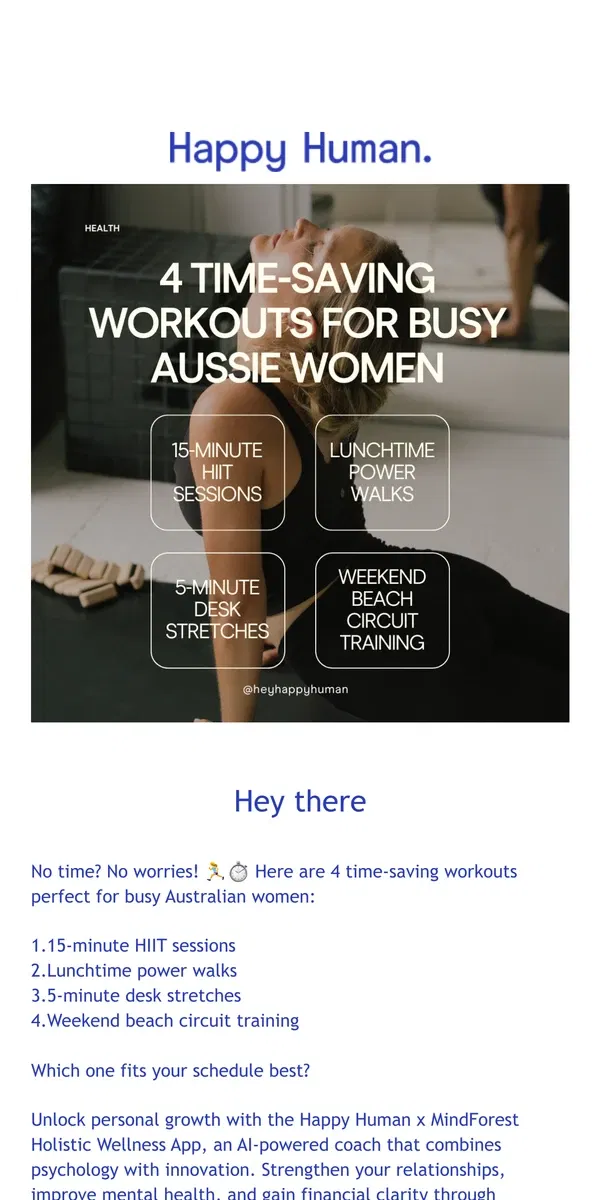 Email from Happy Home. 🟡 Happy Human Wellness App - Quick Fitness Routines for Busy Aussie Women📱 🎉