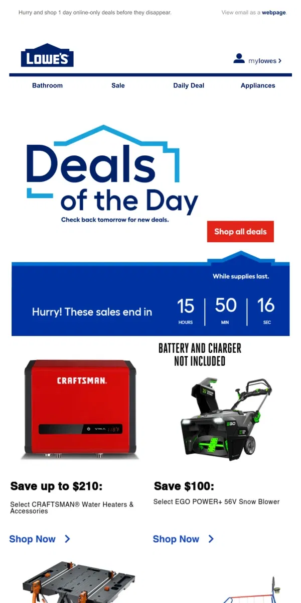 Email from Lowe's. LIMITED TIME deals, just for today.