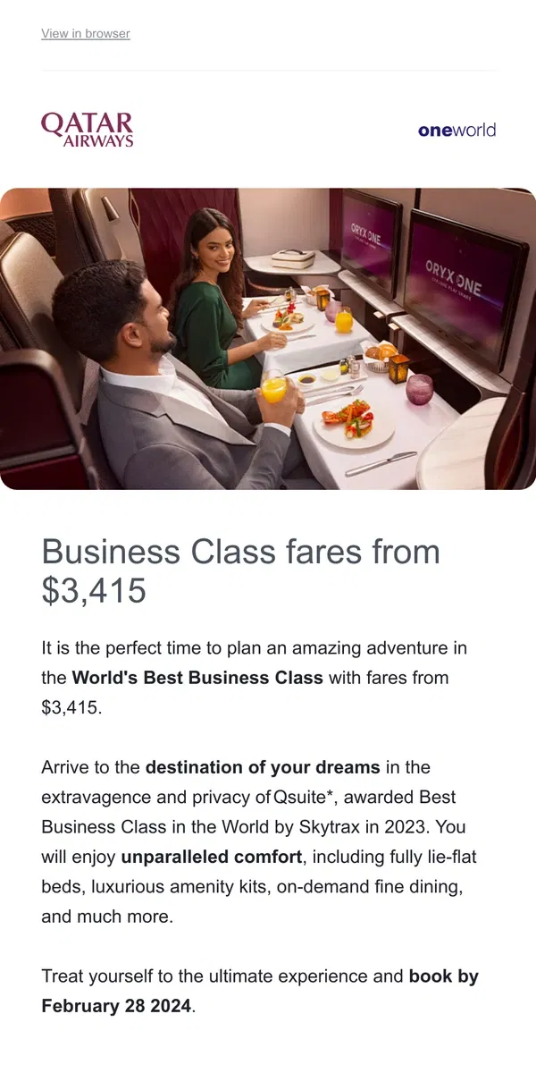 Email from Qatar Airways. Business Class fares from $3,415