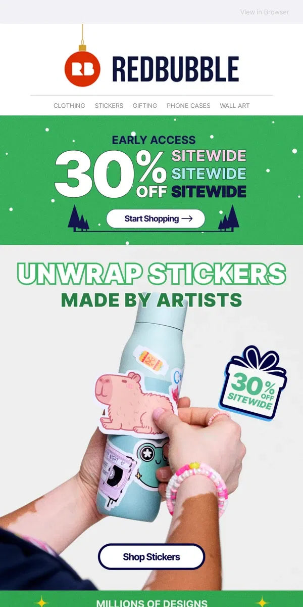 Email from Redbubble. 30% off sitewide — Unwrap perfectly personal.