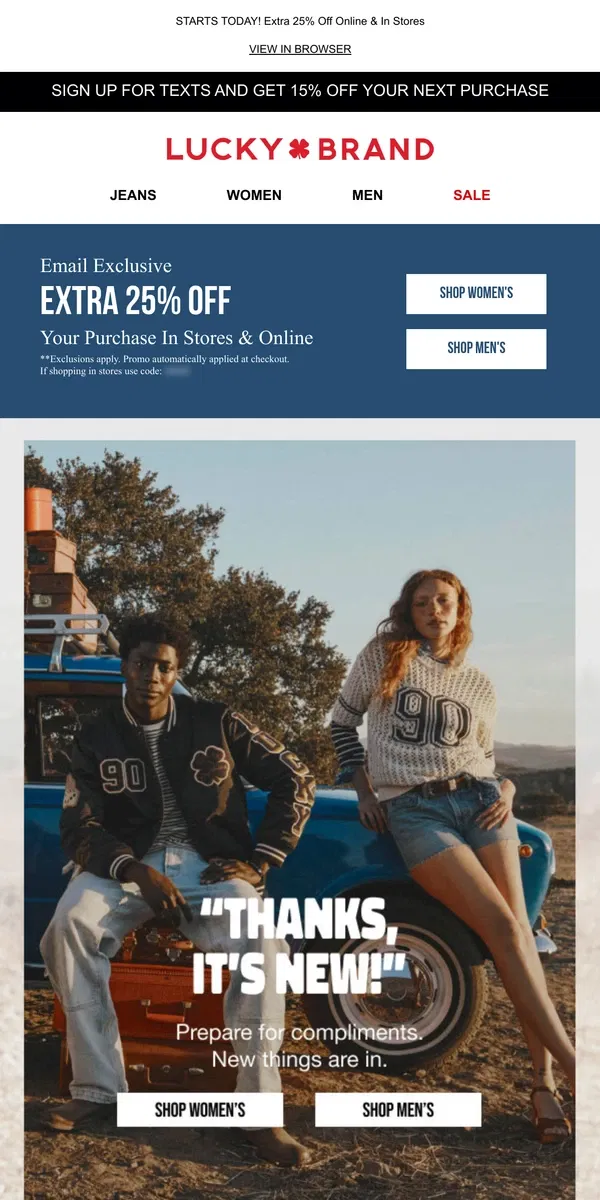 Email from Lucky Brand. "Thanks, It's New!" 🥰 Up To 50% Off Spring Things