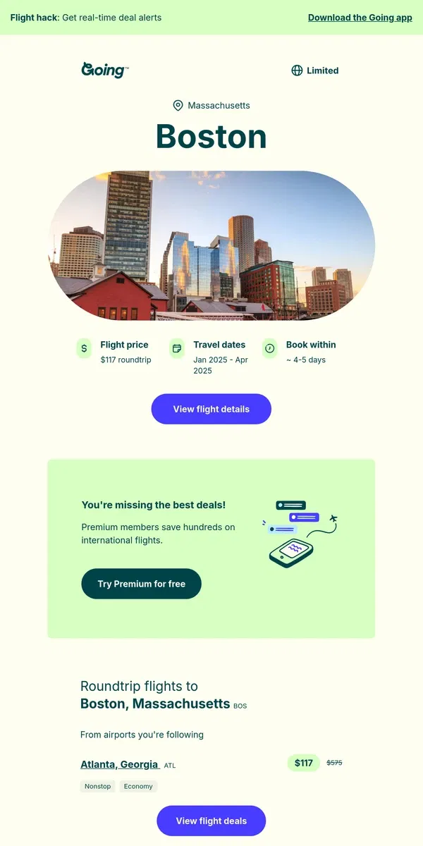 Email from Going. 🧦 Boston —  $117 (Jan-Apr)