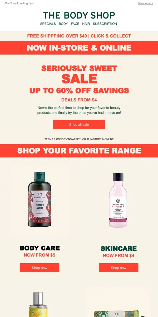 Email from The Body Shop. Beauty Favorites Up to 60% Off!