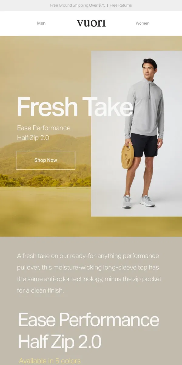 Email from Vuori. A fresh take on our performance pullover