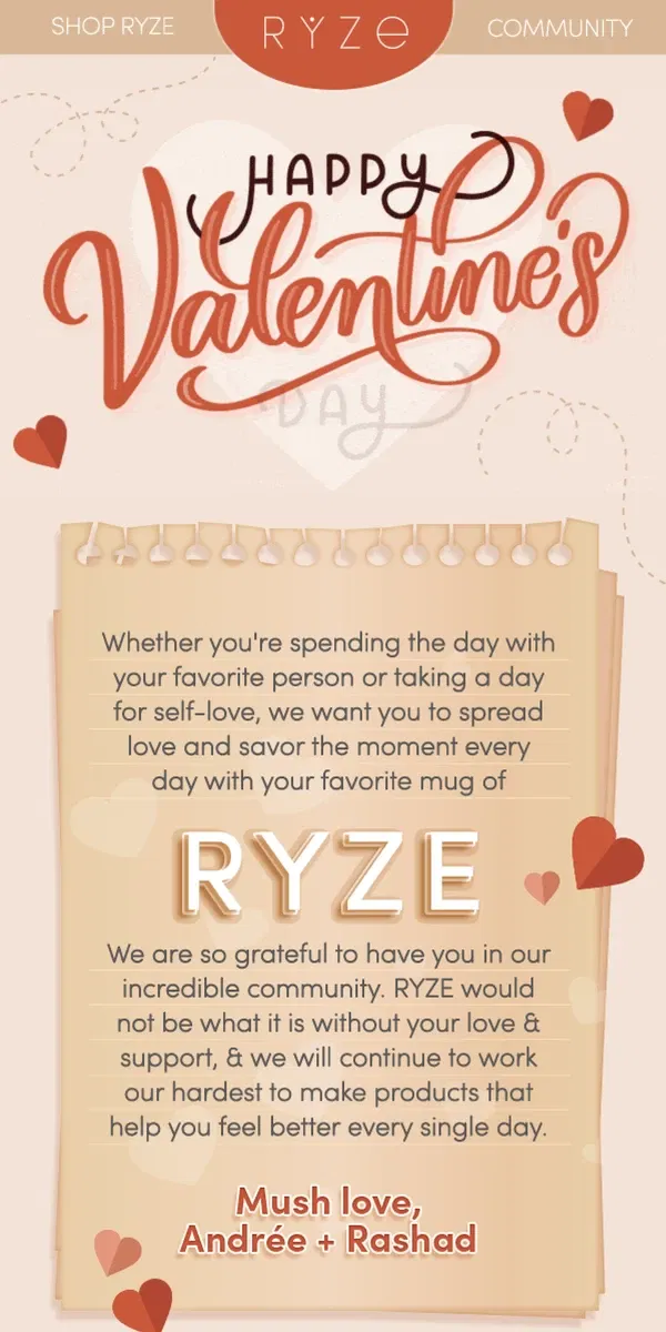 Email from RYZE Mushroom Coffee. Happy Valentine’s Day! ❤️