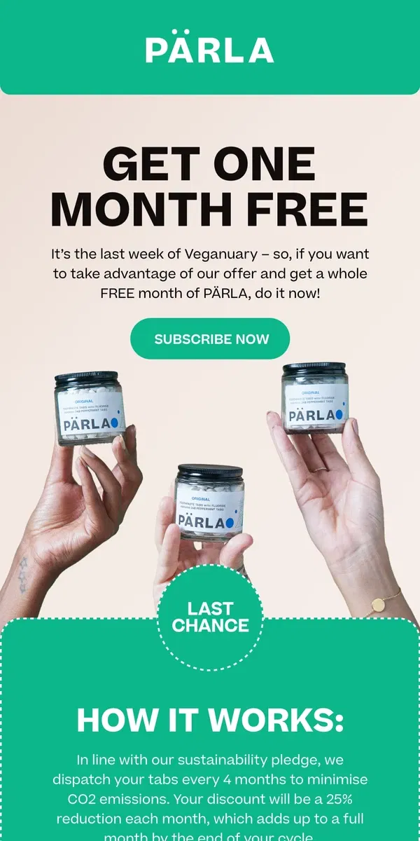 Email from PÄRLA. FINAL SHOUT: Last week to get a FREE month