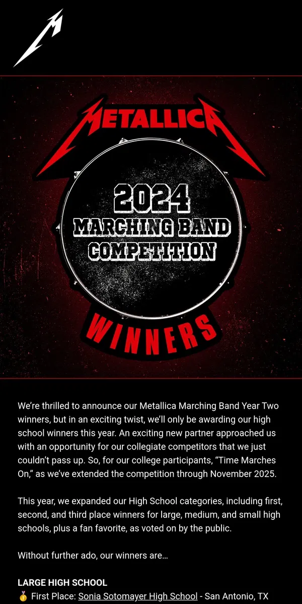 Email from Metallica. 🥁 And the Metallica Marching Band Competition Winners Are…