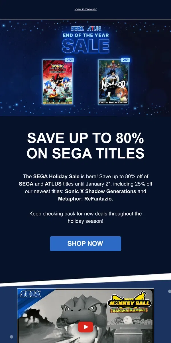 Email from SEGA. 🎁 Up to 80% Off SEGA and ATLUS Games During the SEGA Holiday Sale!