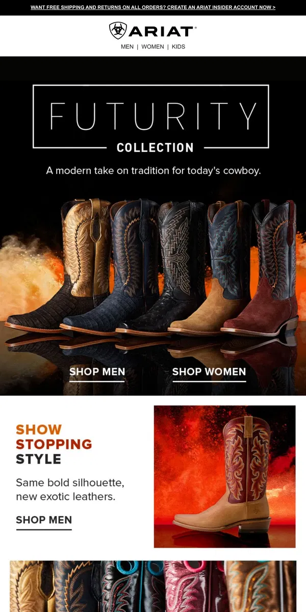 Email from Ariat. New in Futurity Boots: Bold Colors, Exotic Leathers