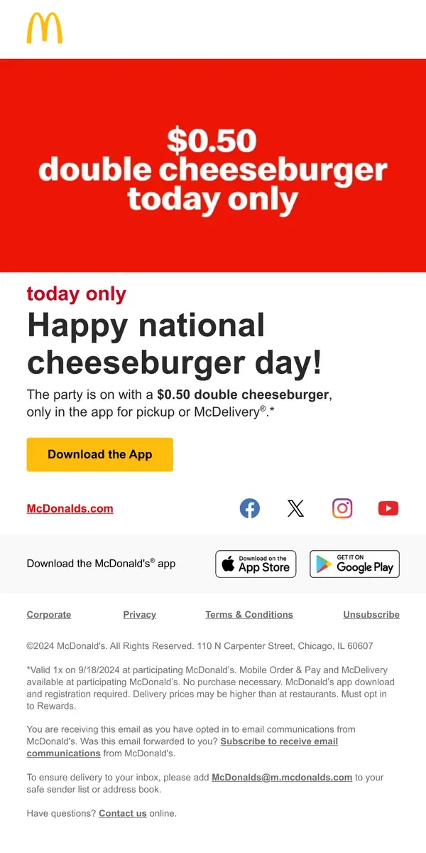 Email from McDonald's. celebrate cheeseburger’s big day 🍔