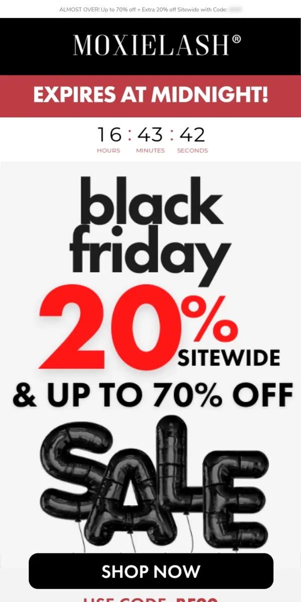 Email from MoxieLash. Last Chance! Black Friday Ends at Midnight!