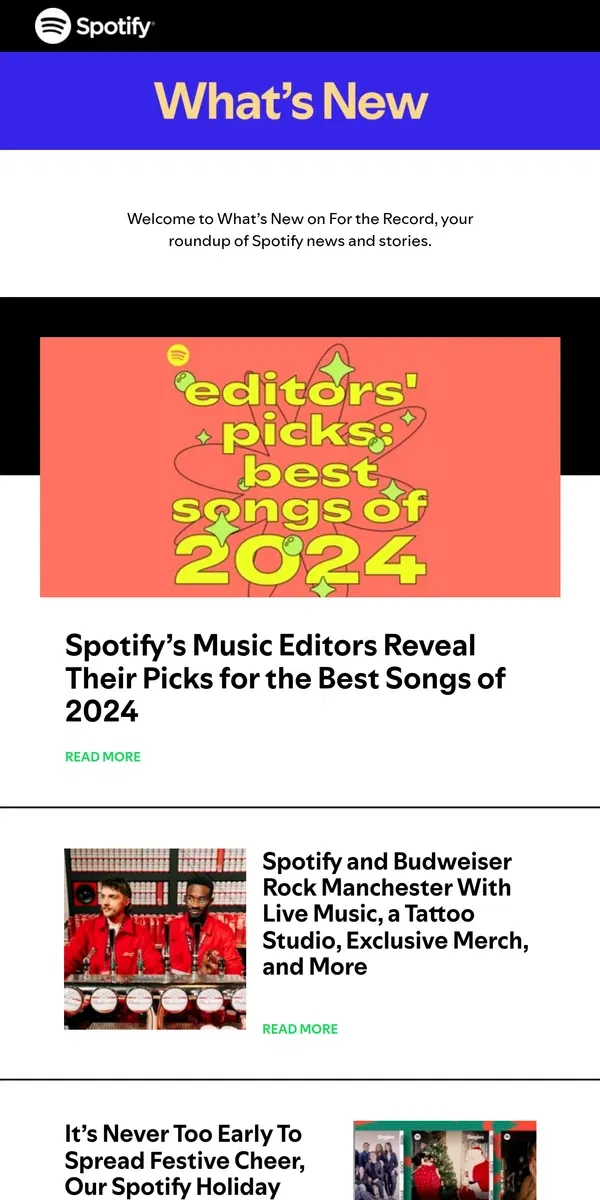 Email from Spotify. Spotify’s Music Editors Reveal the Best Songs of 2024