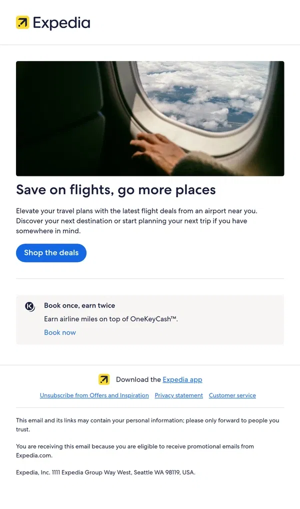 Email from Expedia. Unmissable flight deals ready to get you going