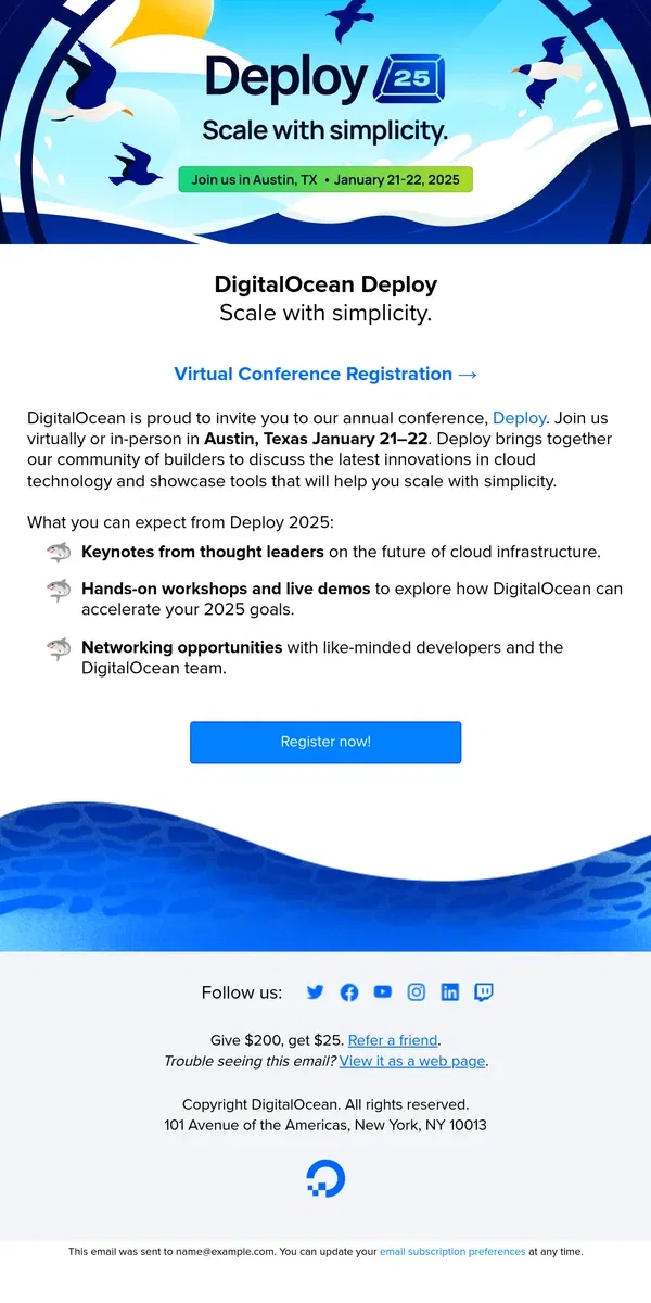 Email from DigitalOcean. DigitalOcean Deploy | January 21-22, 2025