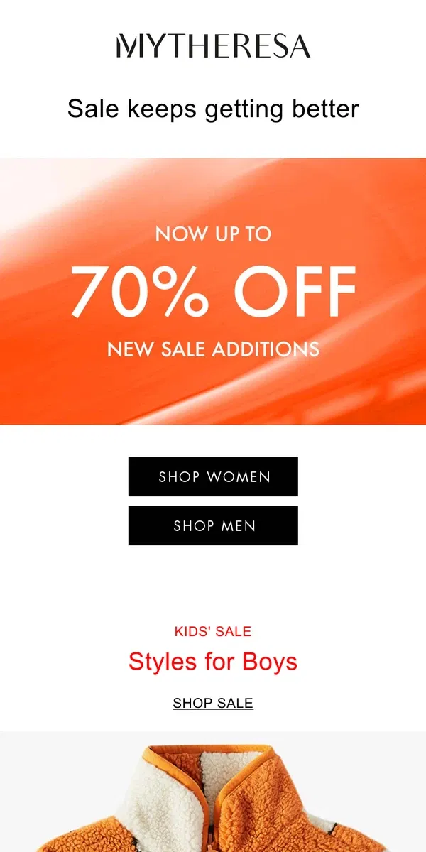 Email from Mytheresa. Over 2000 additions to sale, up to 70% off