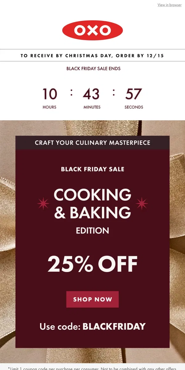 Email from OXO. LAST CHANCE | 25% off cooking & baking