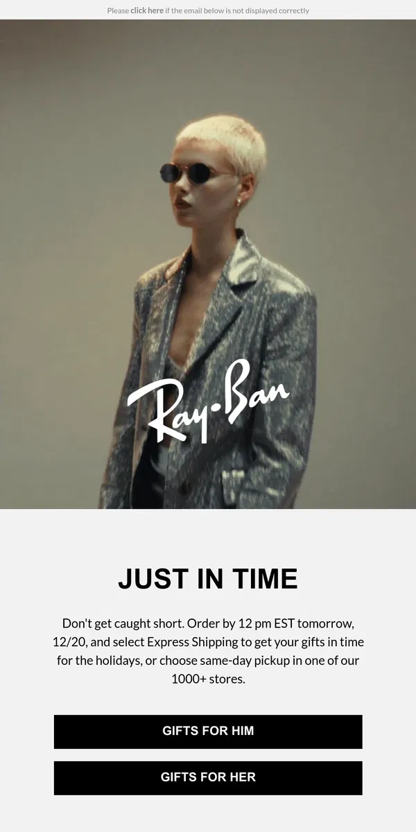 Email from Ray-Ban. Final Hours for Holiday Gifting