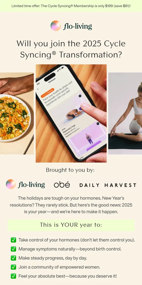 Email from FLO Living. Will 2025 be your Cycle Syncing® year? 🎉