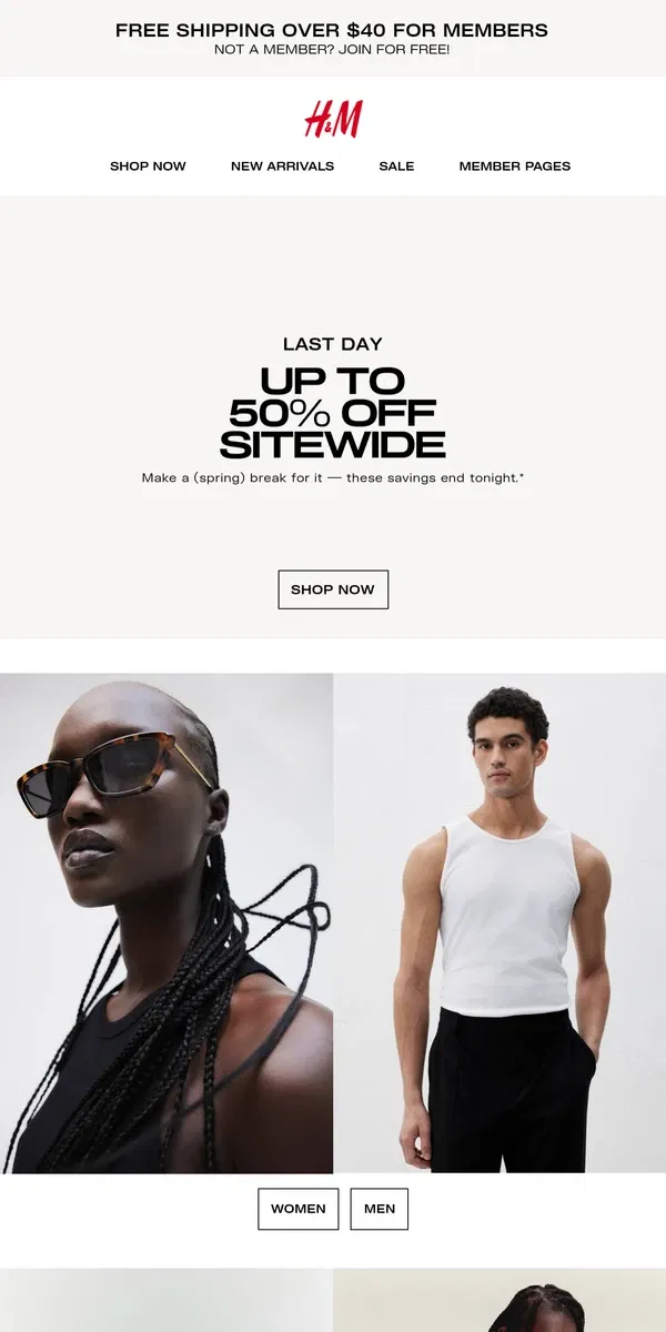 Email from H&M. Up to 50% off everything ends tonight