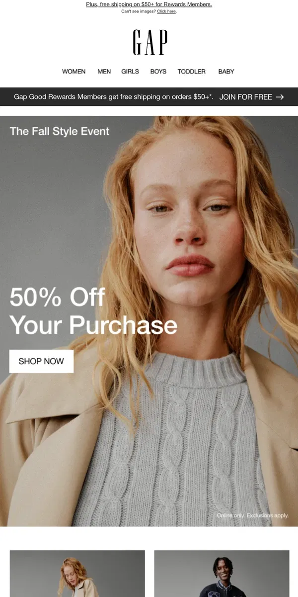 Email from GAP. You've officially got 50% off + app-only bonus 10%