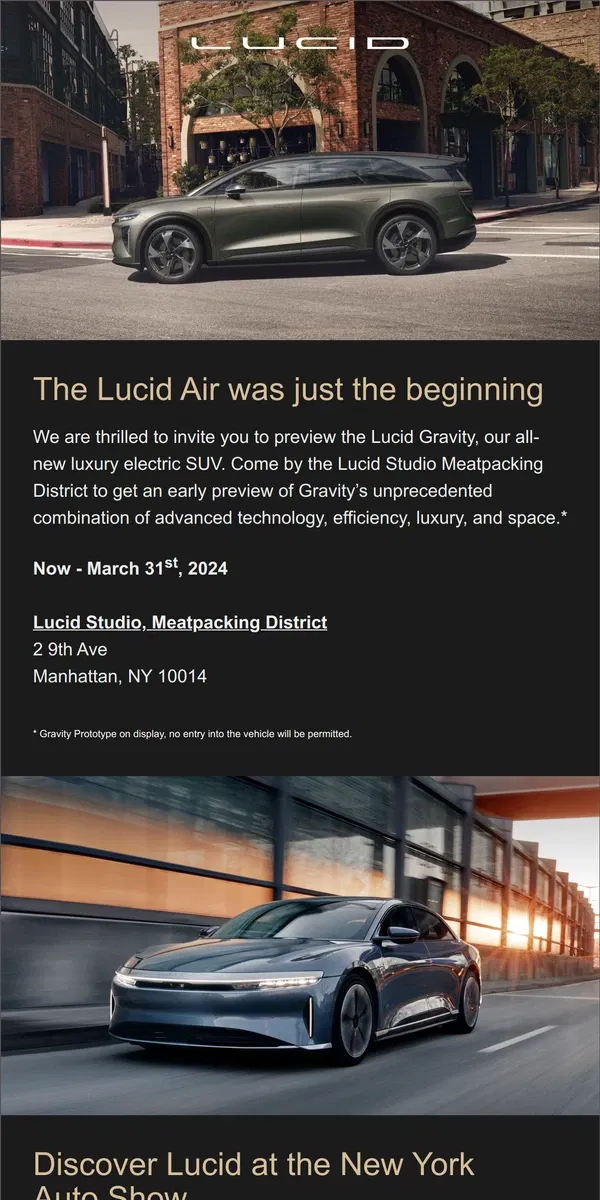 Email from Lucid Motors. John, the Lucid Gravity has arrived in NYC.