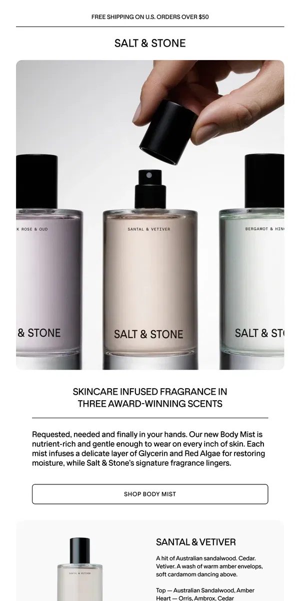 Email from SALT & STONE. Introducing Body Mist