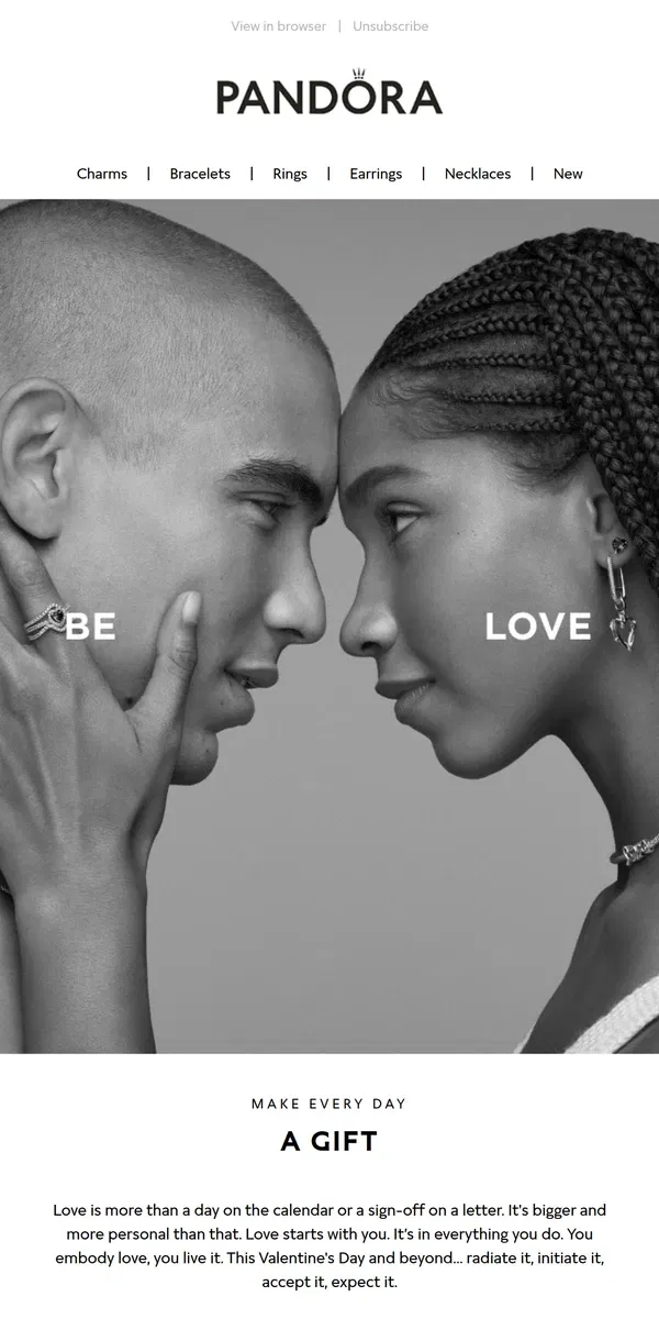 Email from Pandora Jewelry. Give love. Be love.