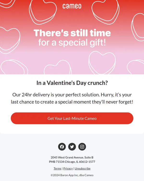 Email from Cameo. Last-Minute Valentine’s Magic with 24hr Cameo! 🌹