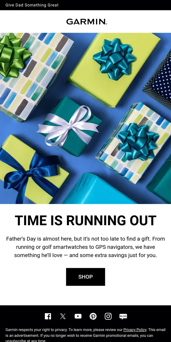 Email from Garmin. Don’t Forget His Father’s Day Gift