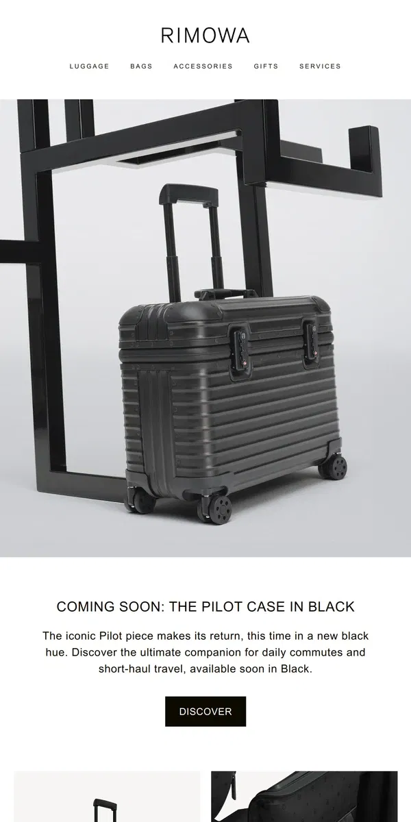 Email from Rimowa. Coming soon: RIMOWA Black Pilot Case