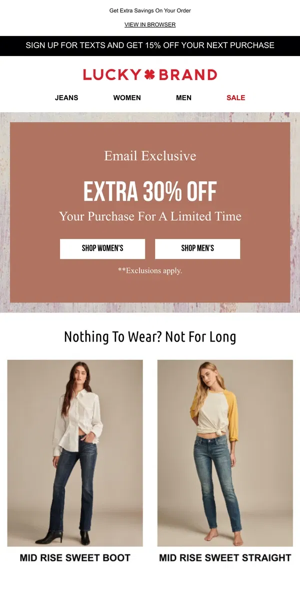 Email from Lucky Brand. Going On Now: 30% Off Denim + EXTRA 30% OFF!