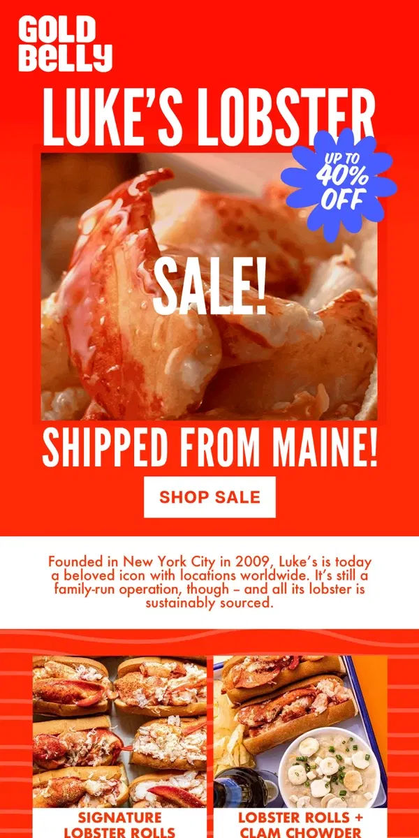 Email from Goldbelly. 🦞Maine Lobster SALE – 40% OFF!🦞