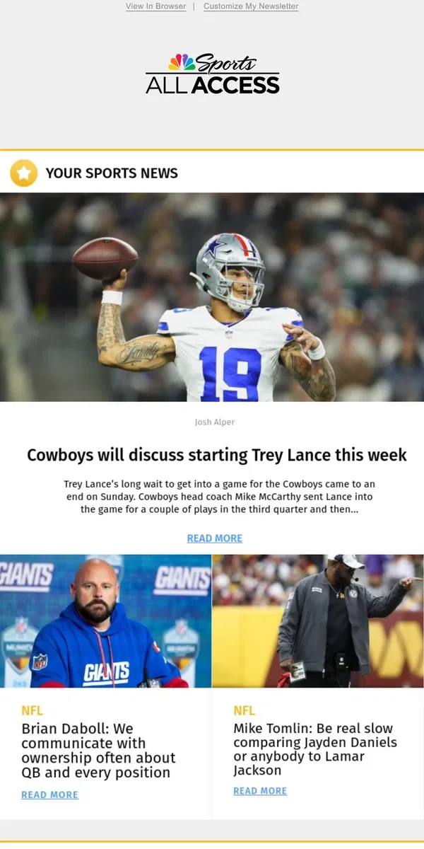 Email from NBC Sports. Cowboys will discuss starting Trey Lance this week