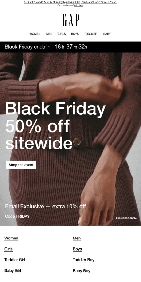 Email from GAP. ⌛ Final call: Black Friday deals end tonight ⌛