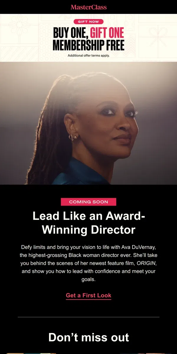 Email from Masterclass. Coming soon: Leadership lessons from an award-winning director