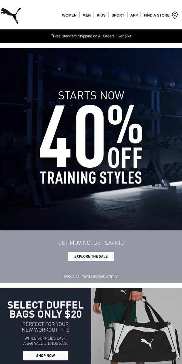 Email from Puma. 40% Off Training Styles Starts NOW