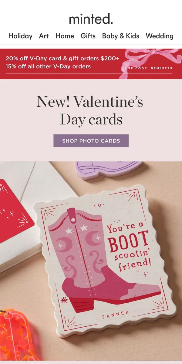 Email from Minted. New arrivals: Valentine’s Day cards