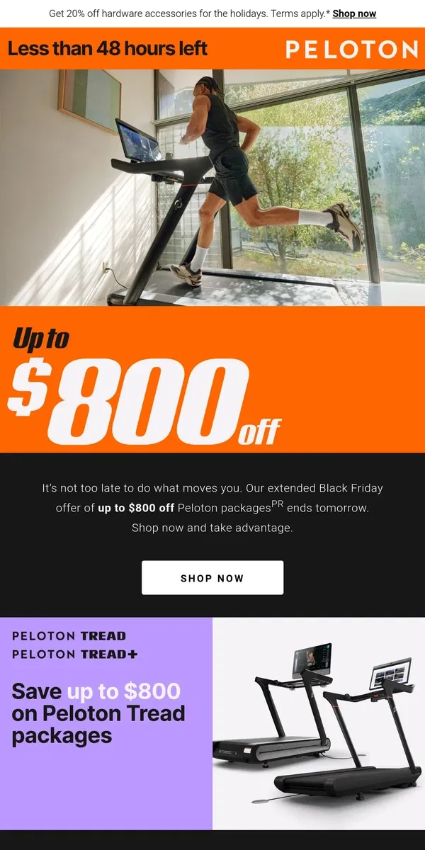 Email from Peloton. Up to $800 off Peloton purchases