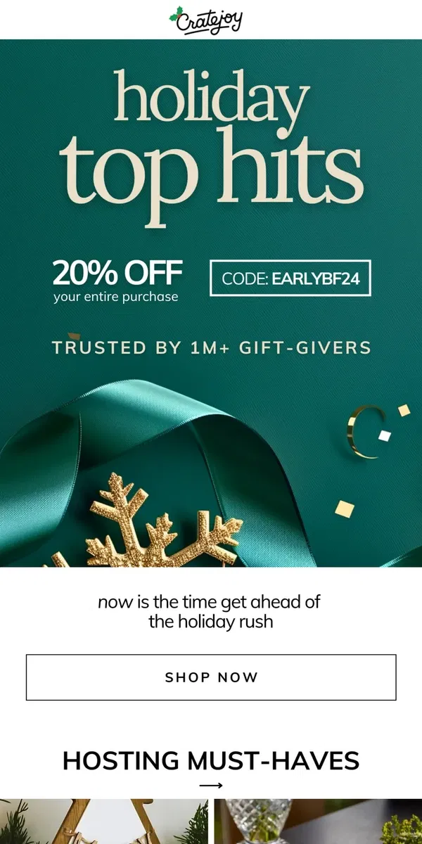 Email from Cratejoy. Steal the deal: holiday hits are 20% off