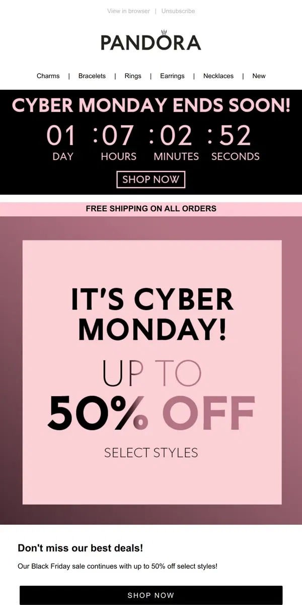 Email from Pandora Jewelry. Don't miss Cyber Monday deals - up to 50% off!